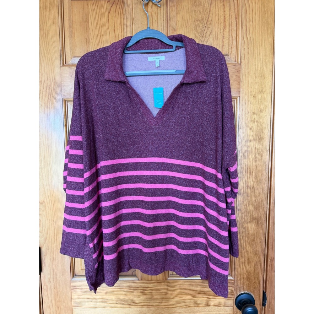 Maurices Womens Plus 1X Burgundy Pink Striped V-Neck Polo Collar Sweater NWT